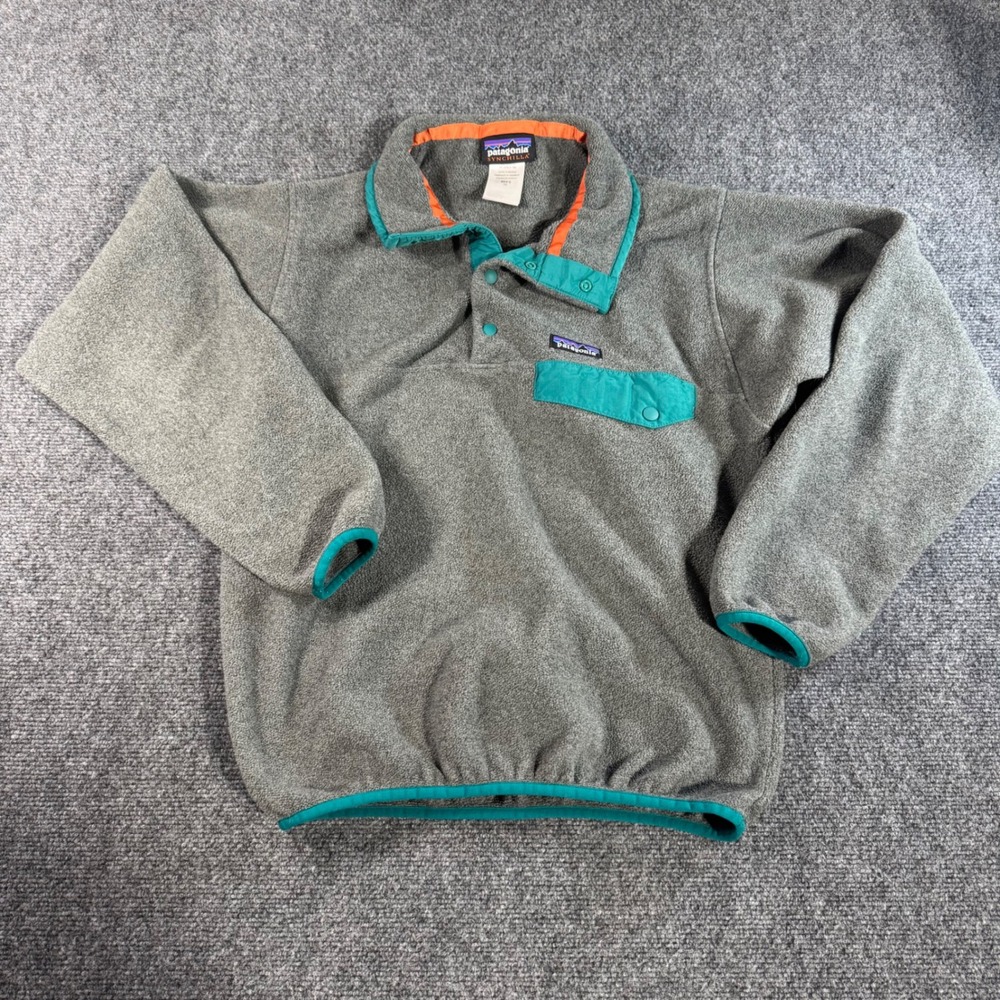 Patagonia Synchilla Snap-T Fleece Pullover Mens XS Gray Teal Orange Mock Neck